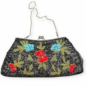 VINTAGE BIJOUX TERNER Women’s Black Multicolor Beaded Floral Evening Clutch Purs